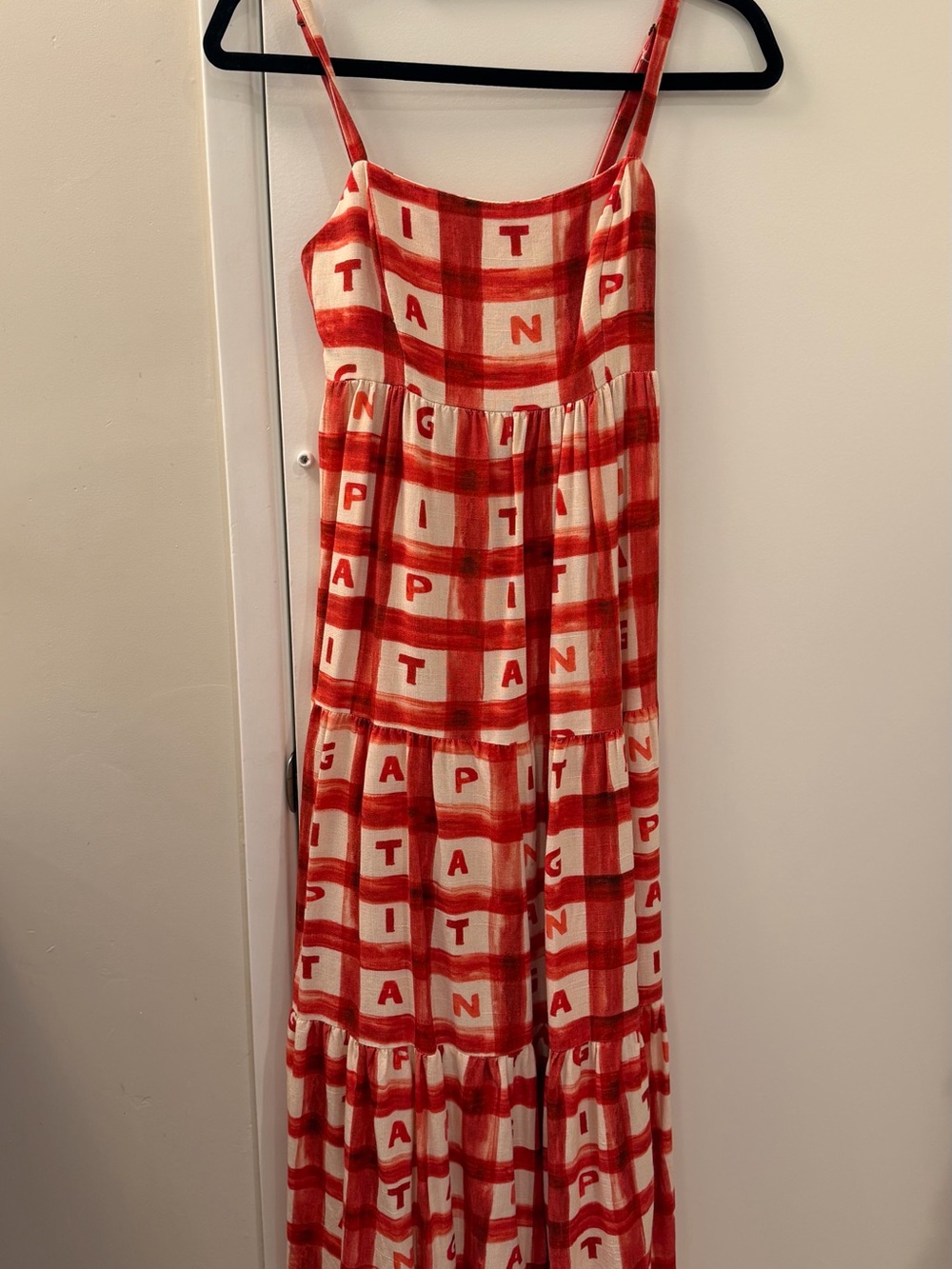FARM Rio Red and Cream Plaid Tiered Midi Dress, summer dress